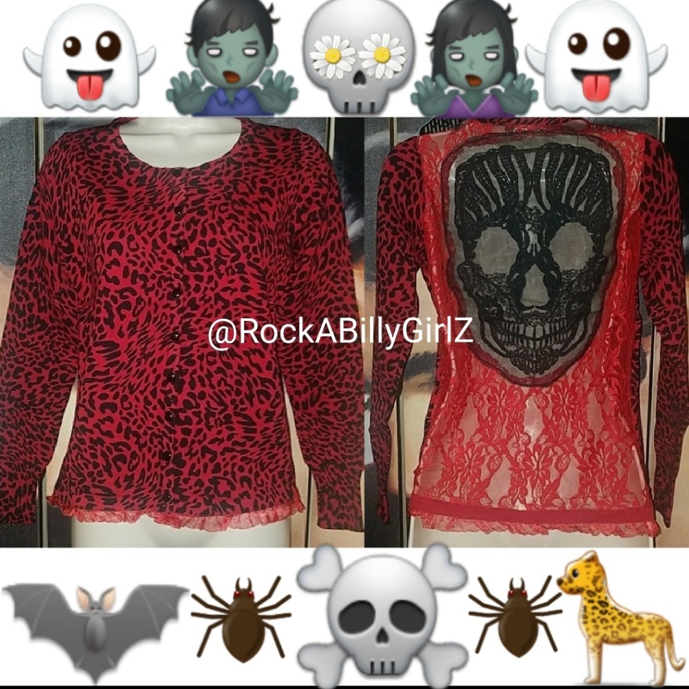 Too Fast Red Leopard Cardigan w Black Gothic Skull Lace Back Red Ruffle Trim